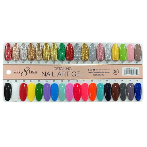 Cre8tion Detailing Nail Art Gel, 36 Colors, 01, Color Chart, 37221