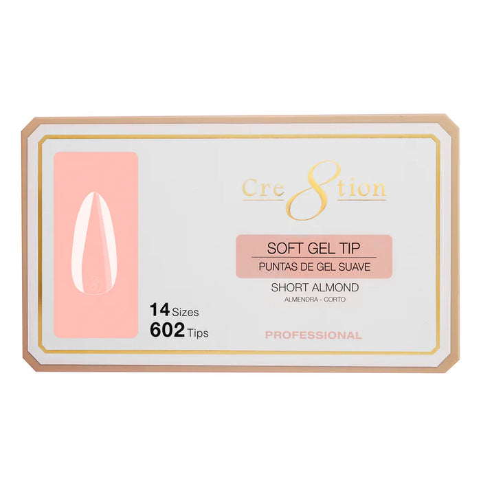 Cre8tion Soft Gel Tips - ALMOND SHORT, 14 sizes, BOX (Pk: 602 pcs/box)