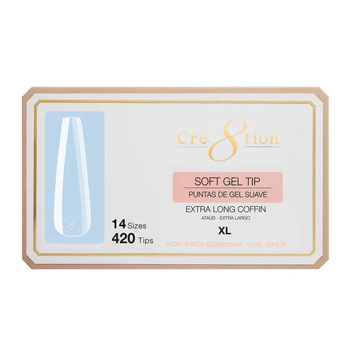 Cre8tion Soft Gel Tips - LONG COFFIN XL, 14 sizes, BOX (Pk: 420 pcs/box)