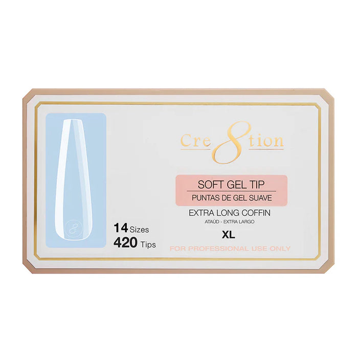 Cre8tion Soft Gel Tips - LONG COFFIN XL, 14 sizes, BOX (Pk: 420 pcs/box)