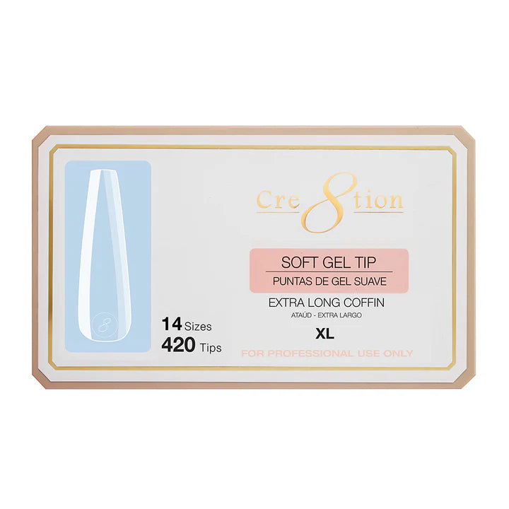 Cre8tion Soft Gel Tips - LONG COFFIN XL, 14 sizes, BOX (Pk: 420 pcs/box)