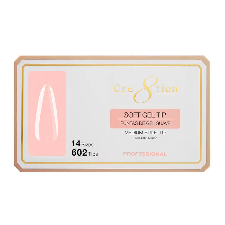 Cre8tion Soft Gel Tips - STILETTO MEDIUM, 14 sizes, BOX (Pk: 602 pcs/box)