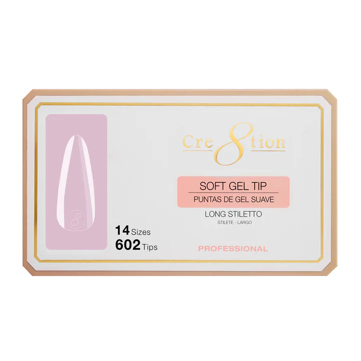 Cre8tion Soft Gel Tips - STILETTO LONG, 14 sizes, BOX (Pk: 602 pcs/box)