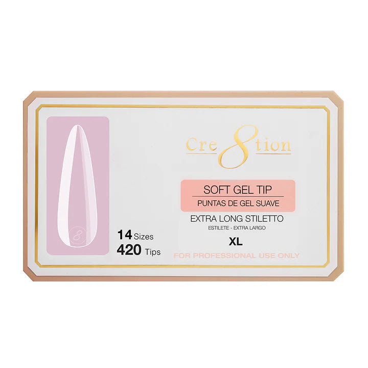 Cre8tion Soft Gel Tips - LONG STILETTO XL, 14 sizes, BOX (Pk: 420 pcs/box)