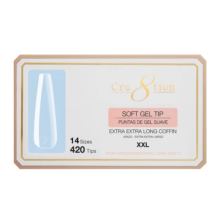 Cre8tion Soft Gel Tips - LONG COFFIN XXL, 14 sizes, BOX (Pk: 420 pcs/box)