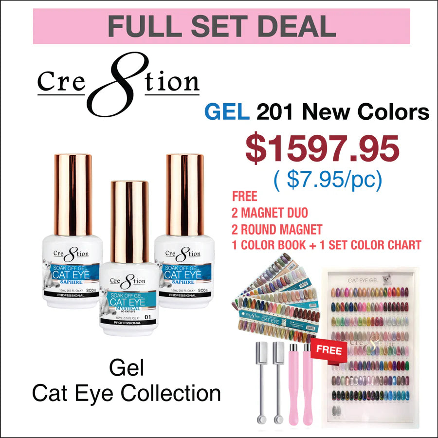 Cre8tion Cat Eye Gel 0.5oz - Full Set 201 Colors FREE 2 Round Magnet, 2 Magnet Duo, 1 Color Chart & 1 Color Book