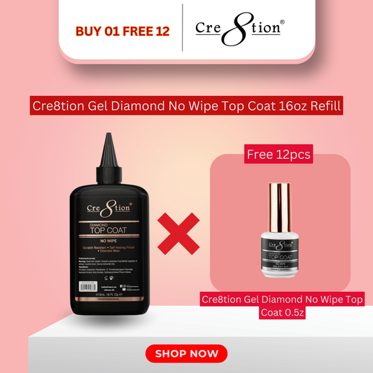 Cre8tion Gel Diamond No Wipe Top Coat 16oz Refill - Buy 1 Get 12 Size 0.5oz Free