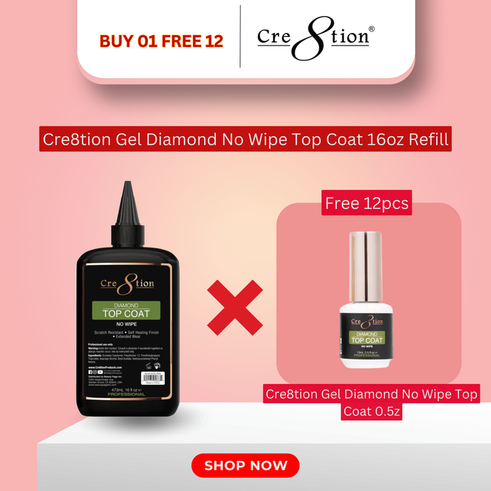 Cre8tion Gel Diamond No Wipe Top Coat 16oz Refill - Buy 1 Get 12 Size 0.5oz Free