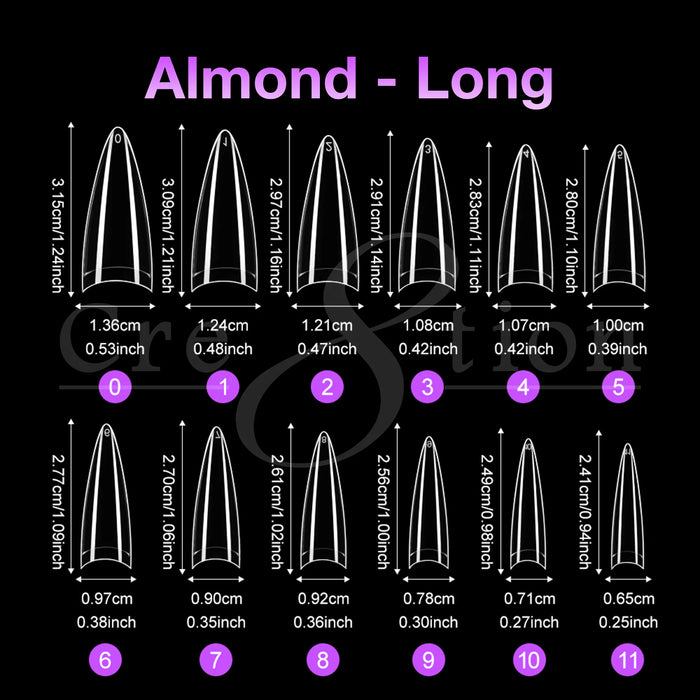 Cre8tion Special Shape Tips Clear (12 Sizes) - ALMOND Long, BOX (Pk: 504 pcs/box, 50 boxes/case)