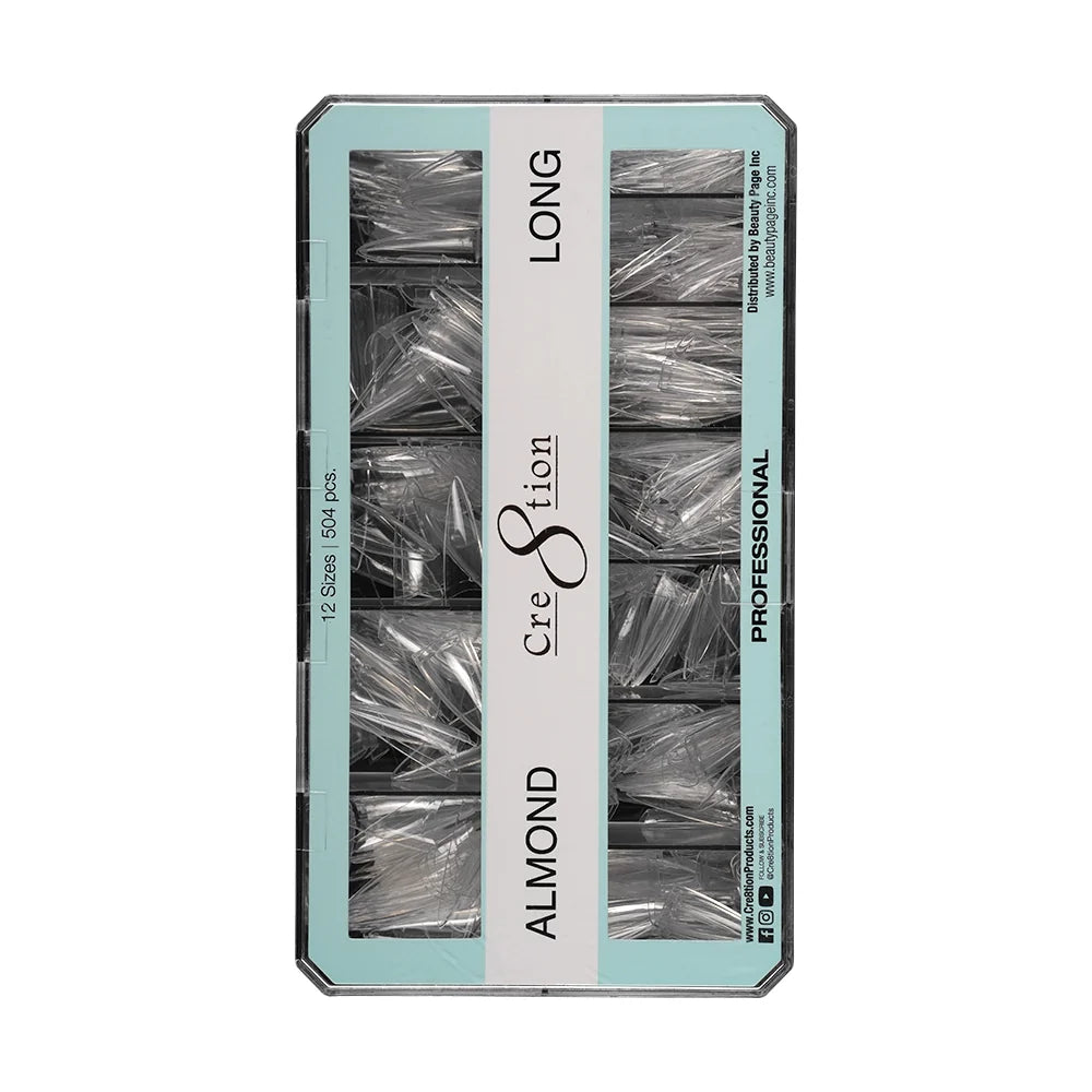 Cre8tion Special Shape Tips Clear (12 Sizes) - ALMOND Long, BOX (Pk: 504 pcs/box, 50 boxes/case)