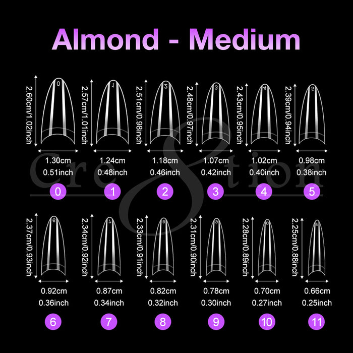 Cre8tion Special Shape Tips Clear (12 Sizes) - ALMOND Medium, BOX (Pk: 504 pcs/box, 100 boxes/case)