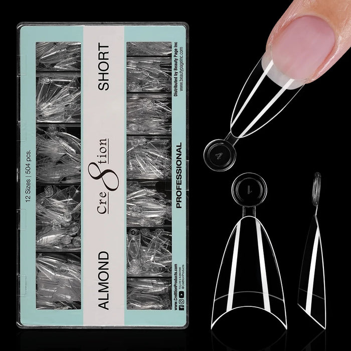 Cre8tion Special Shape Tips Clear (12 Sizes) - ALMOND Short, BOX (Pk: 504 pcs/box, 100 boxes/case)