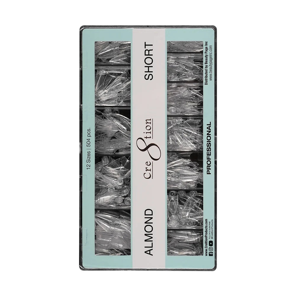 Cre8tion Special Shape Tips Clear (12 Sizes) - ALMOND Short, BOX (Pk: 504 pcs/box, 100 boxes/case)