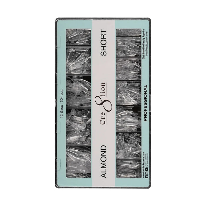 Cre8tion Special Shape Tips Clear (12 Sizes) - ALMOND Short, BOX (Pk: 504 pcs/box, 100 boxes/case)