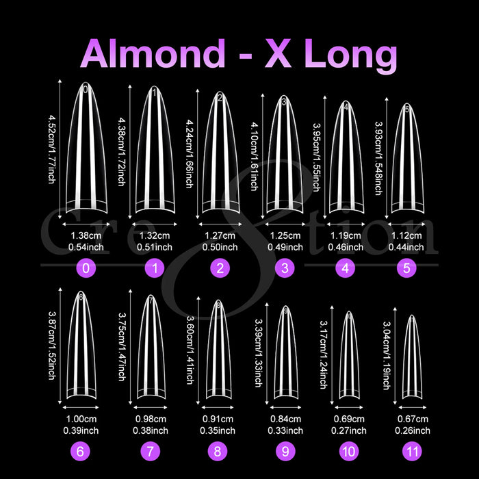 Cre8tion Special Shape Tips Clear (12 Sizes) - ALMOND X Long, BOX (Pk: 504 pcs/box, 50 boxes/case)