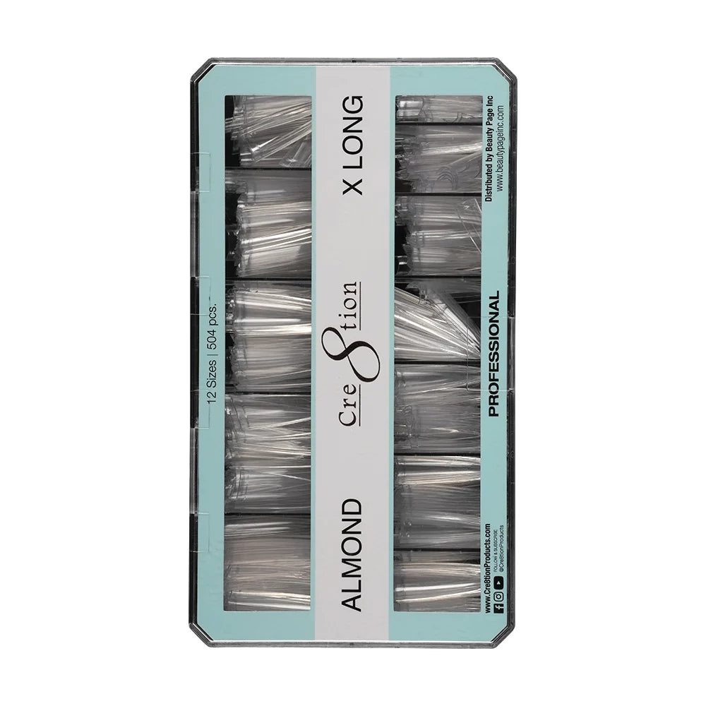 Cre8tion Special Shape Tips Clear (12 Sizes) - ALMOND X Long, BOX (Pk: 504 pcs/box, 50 boxes/case)
