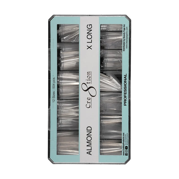 Cre8tion Special Shape Tips Clear (12 Sizes) - ALMOND X Long, BOX (Pk: 504 pcs/box, 50 boxes/case)