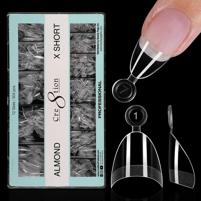 Cre8tion Special Shape Tips Clear (12 Sizes) - ALMOND X Short, BOX (Pk: 504 pcs/box, 100 boxes/case)