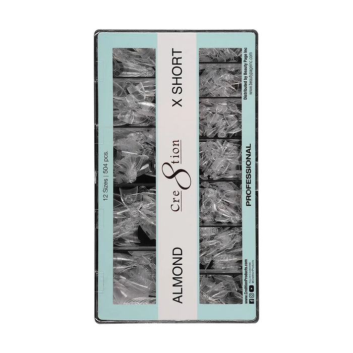 Cre8tion Special Shape Tips Clear (12 Sizes) - ALMOND X Short, BOX (Pk: 504 pcs/box, 100 boxes/case)