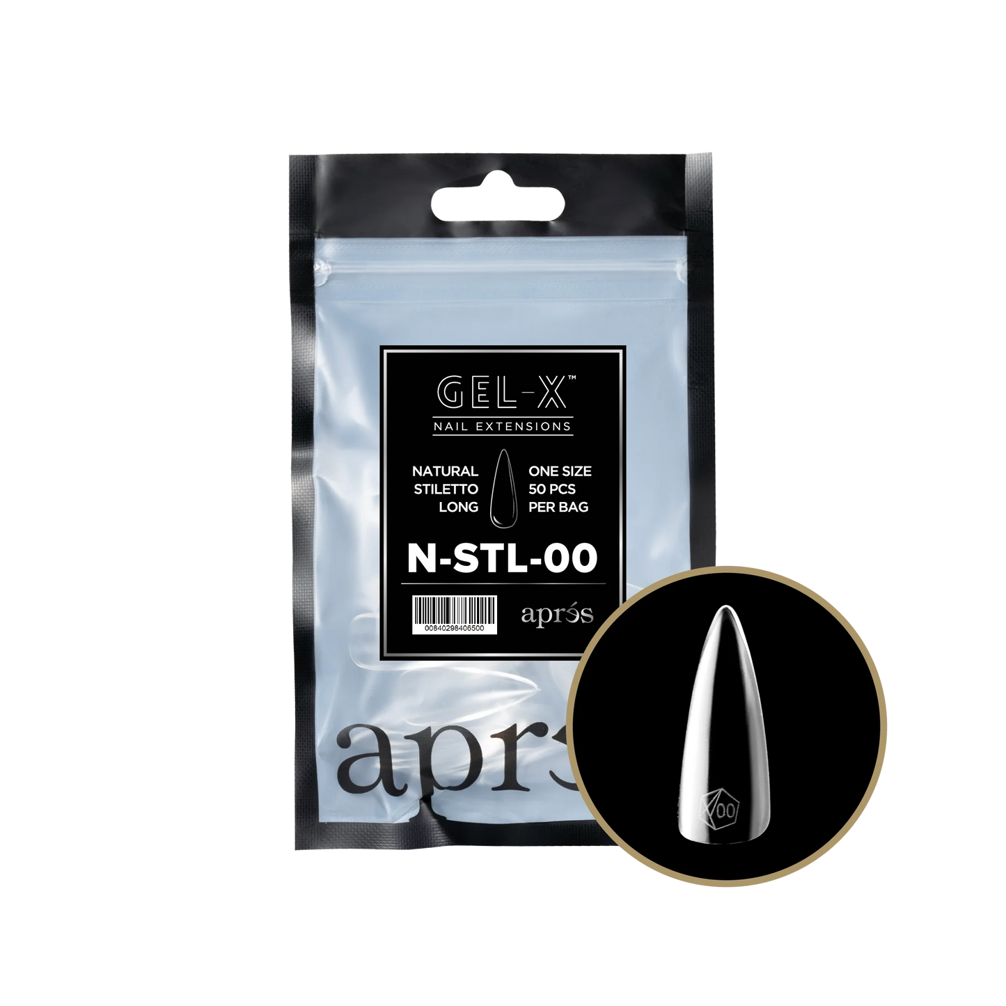 Apres Gel-X, NATURAL STILETTO LONG Refill Bags, NSTL2.0, 15345 (50 Nail Tips/Bag)