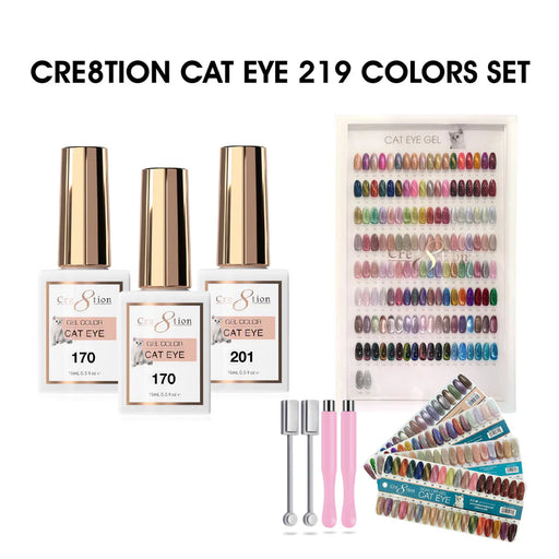Cre8tion CAT EYE Gel 0.5oz - Full Set 219 Colors FREE 2 Round Magnet, 2 Magnet Duo, 1 Color Chart & 1 Color Book