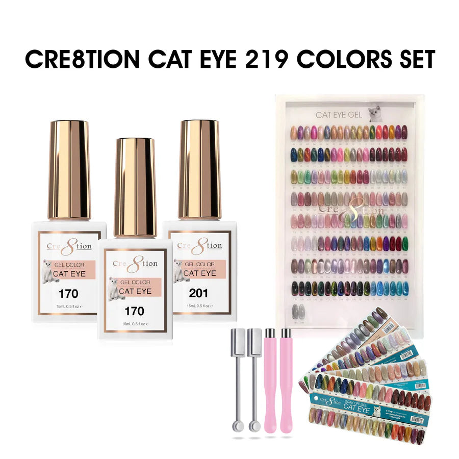 Cre8tion CAT EYE Gel 0.5oz - Full Set 219 Colors FREE 2 Round Magnet, 2 Magnet Duo, 1 Color Chart & 1 Color Book