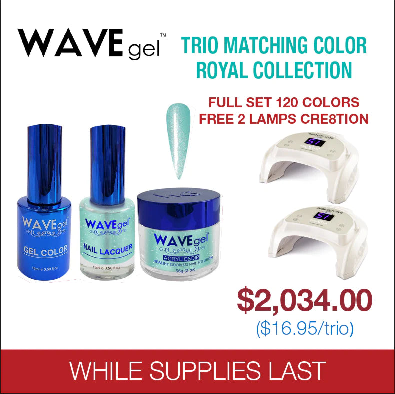 Wave Gel 4in1 Dipping Powder + Gel Polish + Nail Lacquer, ROYAL I Collection, Full Line 120 Colors (From 001 To 120) Free 2 Cre8tion Cordless Lamp