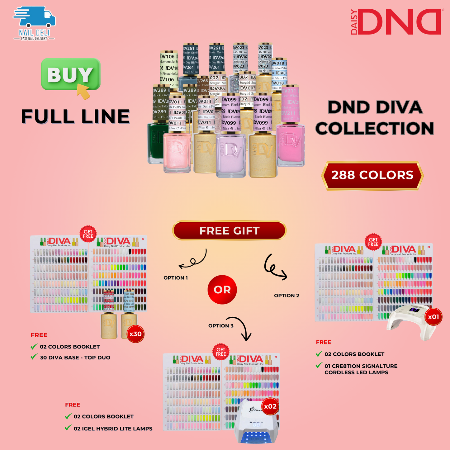 DND Nail Lacquer And Gel Polish, Diva Collection, Full Line Of 288 Colors ( from 001 to 290), 0.5oz, Buy Full Line Choose 3 Options