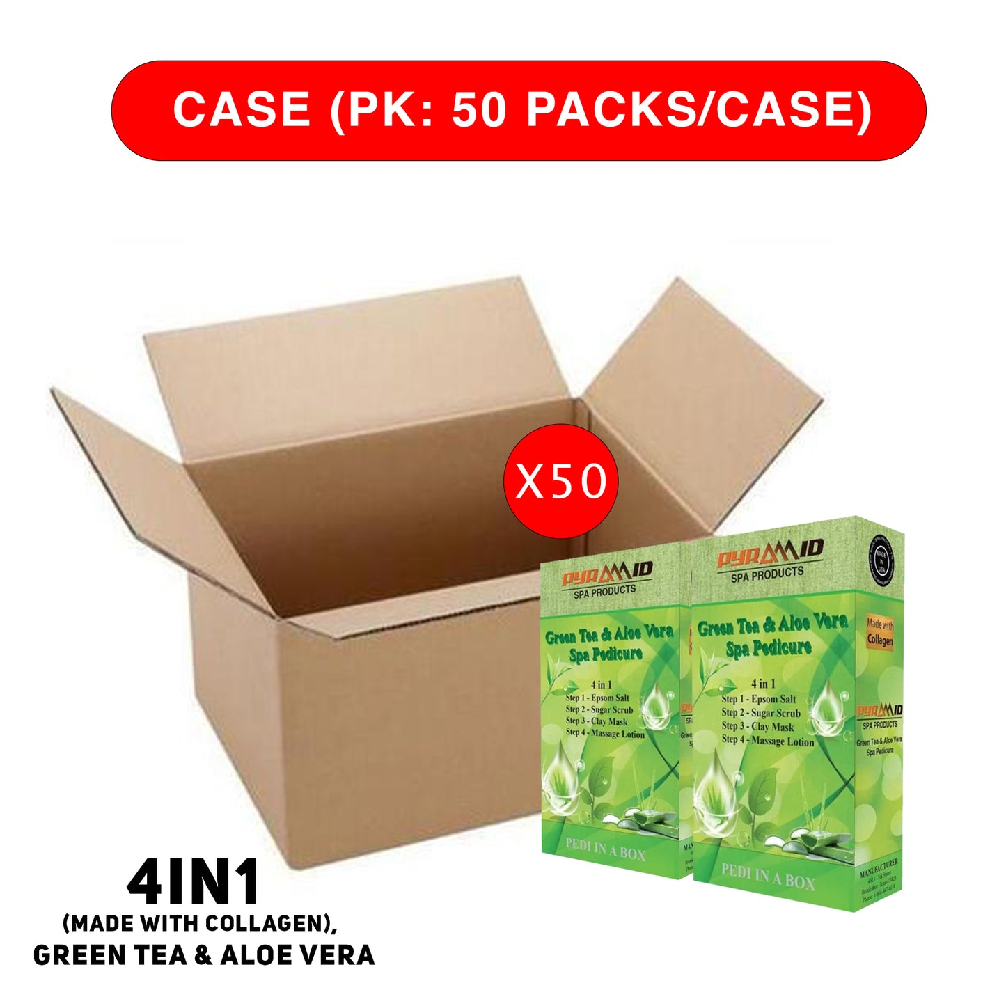 Pyramid Spa Pedicure 4in1 (Made With COLLAGEN), GREEN TEA & ALOE VERA, CASE (Pk: 50 packs/case)