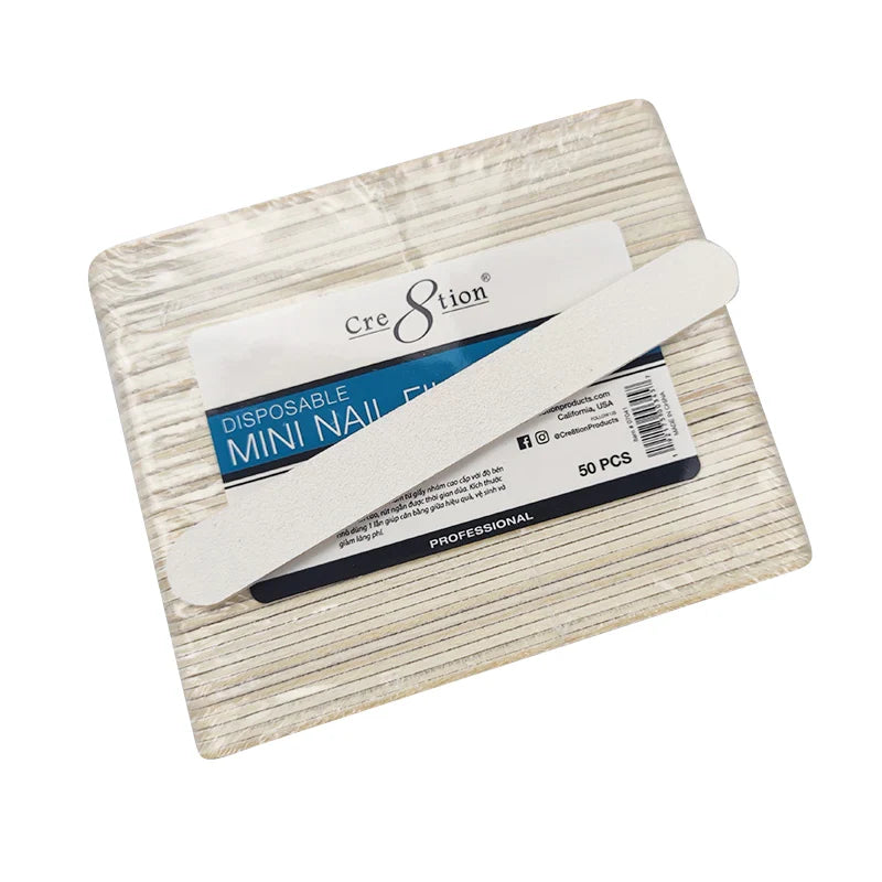 Cre8tion Disposable Mini Nail File Wood Center White, Grit 100/100, CASE (Pk: 100 packs/case)