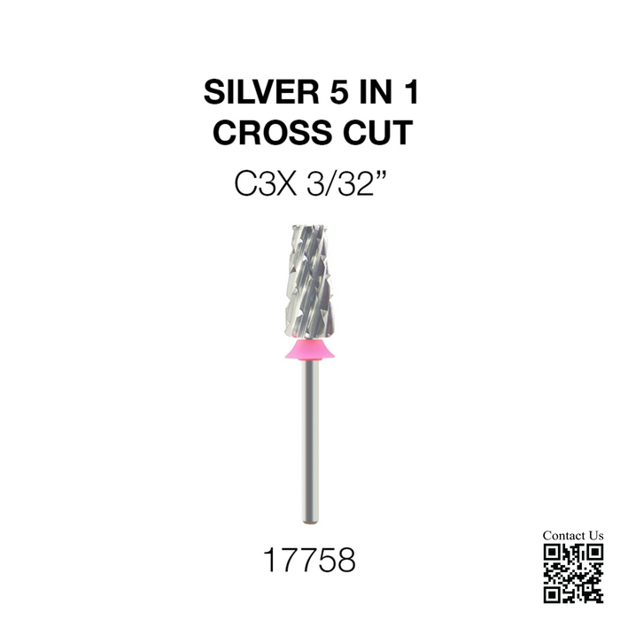 Cre8tion Silver 5 in 1 Nail Filing Bit - C3X 3/32' - Cross Cut