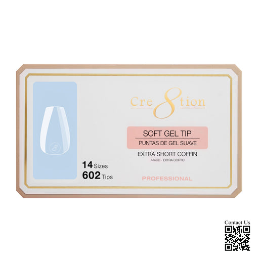 Cre8tion Soft Gel Tips - COFFIN EXTRA SHORT, 14 sizes, BOX (Pk: 602 pcs/box)