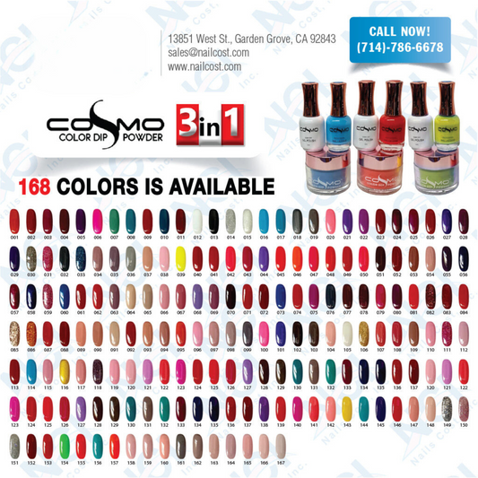 Cosmo 3in1 Dipping Powder + Gel Polish + Nail Lacquer (Matching Cosmo), Full Line Of 168 Colors (From 001 To 168), OK0805VD