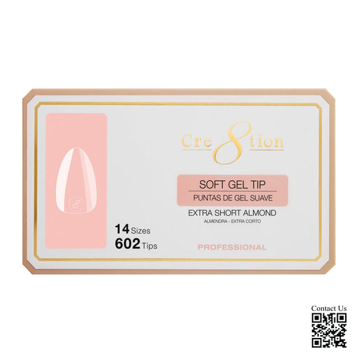 Cre8tion Soft Gel Tips - ALMOND EXTRA SHORT, 14 sizes, BOX (PK: 602 pcs/box)