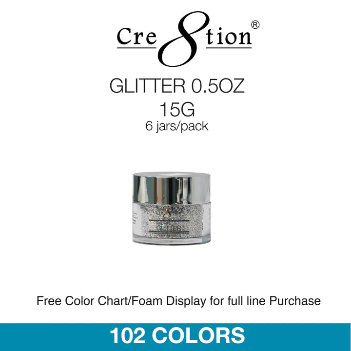 Cre8tion Nail Art 0.5oz (15g) - Glitter (102 Colors), (Pk: 6 jars/pack) 000
