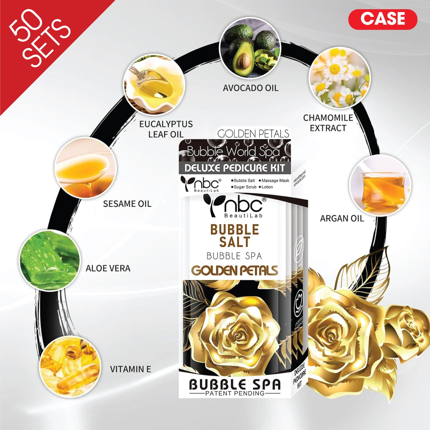 NBC Bubble Spa Pedicure Kit 4 Step NEW, CASE, GOLD PETALS (Pk: 50 Pcs/Case, 90 Cases/Pallet)