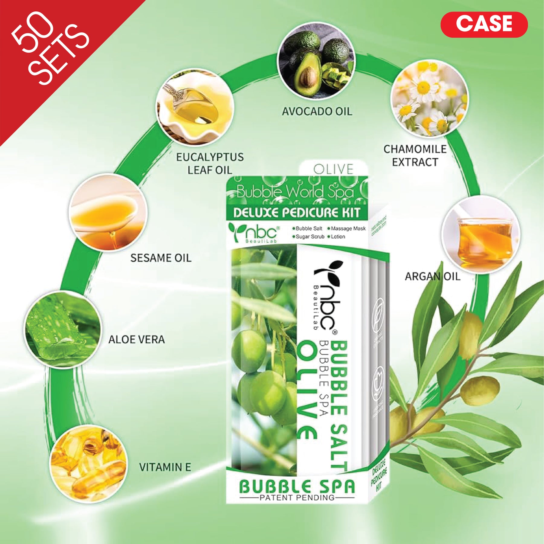 NBC BUBBLE Pedicure Kit 4 Step, CASE, GREEN OLIVE (Pk: 50 pcs/case, 90 cases/pallet)