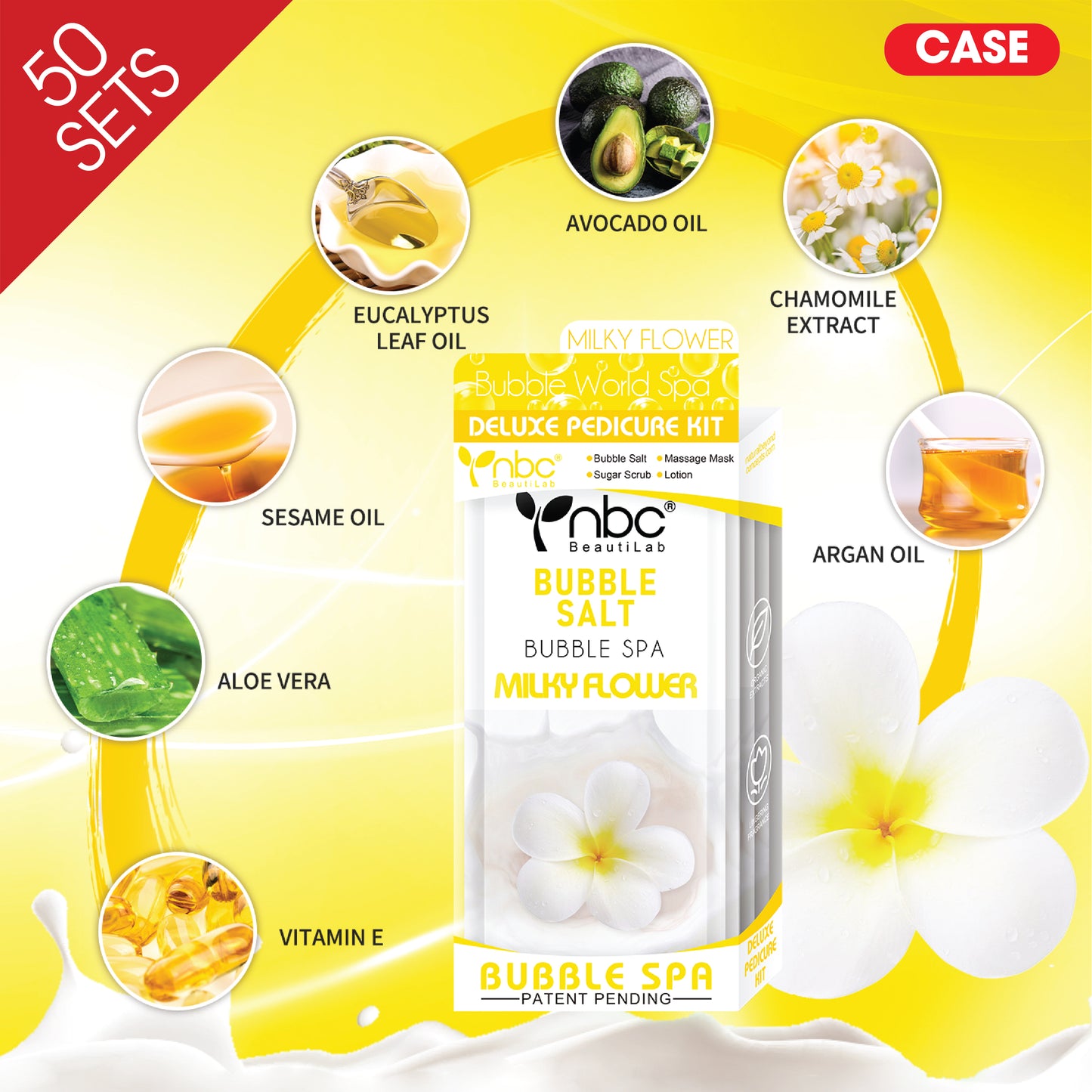 NBC Bubble Spa Pedicure Kit 4 Step NEW, CASE, MILKY FLOWER (Pk: 50 Pcs/Case, 90 Cases/Pallet)