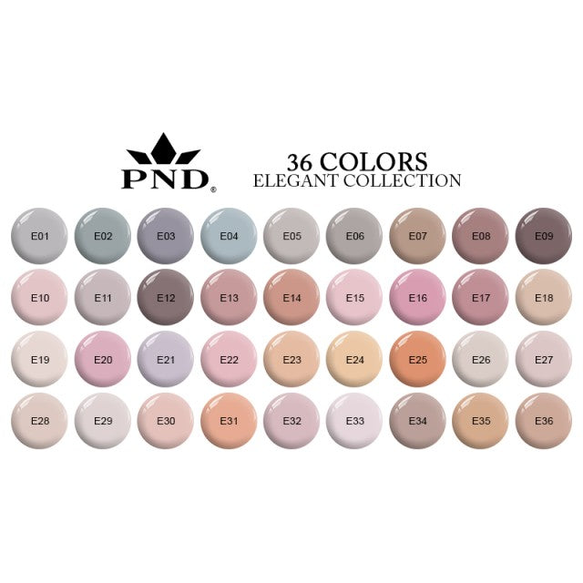 PND Gel Polish + Nail Lacquer, Elegant Collection, 0.5oz, Full Line of 36 Colors (From E01 to E36) OK0325QT