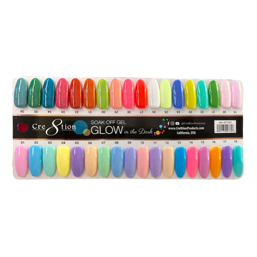 Cre8tion Glow In The Dark Gel, 0.5oz, Full Line Of 36 Colors (from G01 to G36) Free 1 Sample Tips + 3 Cre8tion Glow In The Dark Top Coat No Wipe 0.5ozKK1214