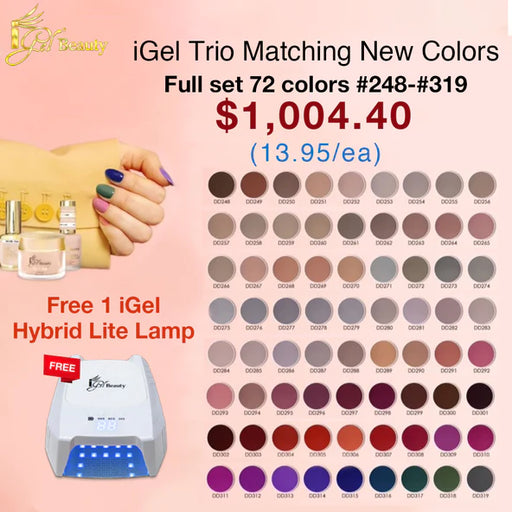 iGel 3in1 Acrylic/Dipping Powder + Gel Polish + Nail Lacquer, Dip & Dap Collection, Full Line Of 72 NEW Colors, (From DD248 To DD319), Buy 1 Full Line Get 1 Igel Hybrid Lite Lamp Free