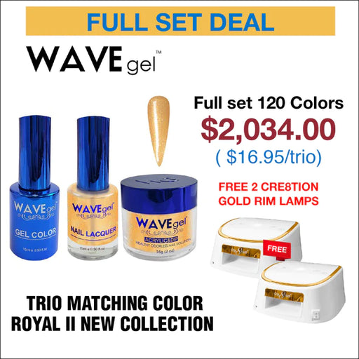 Wave Gel 4in1 Dipping Powder + Gel Polish + Nail Lacquer, ROYAL II Collection, Full Line 120 Colors (From 121 To 240) Free 2 Cre8tion White with Gold Rim Lamps