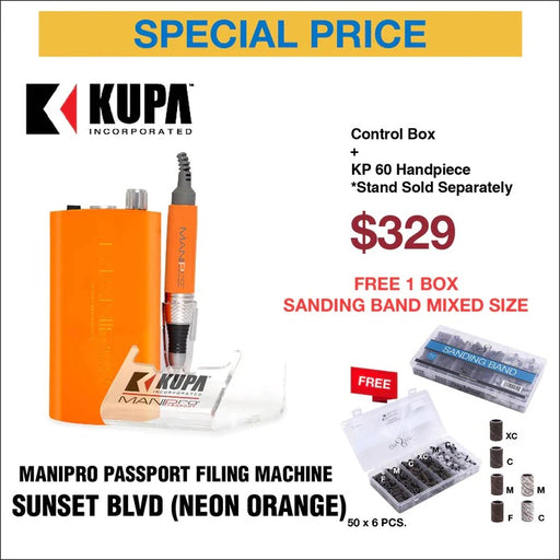 ManiPro Passport (Filing Machine) Limited Edition, SUNSET BLVD ORANGE  & KP-60 Handpiece, Buy 01 Free Cre8tion Sanding Band Mixed Size