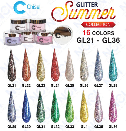 Chisel 2in1 Acrylic/Dipping Powder (GLITTER), Summer Collection, Full Line Of 16 Colors (From GL21 To GL36), 2oz