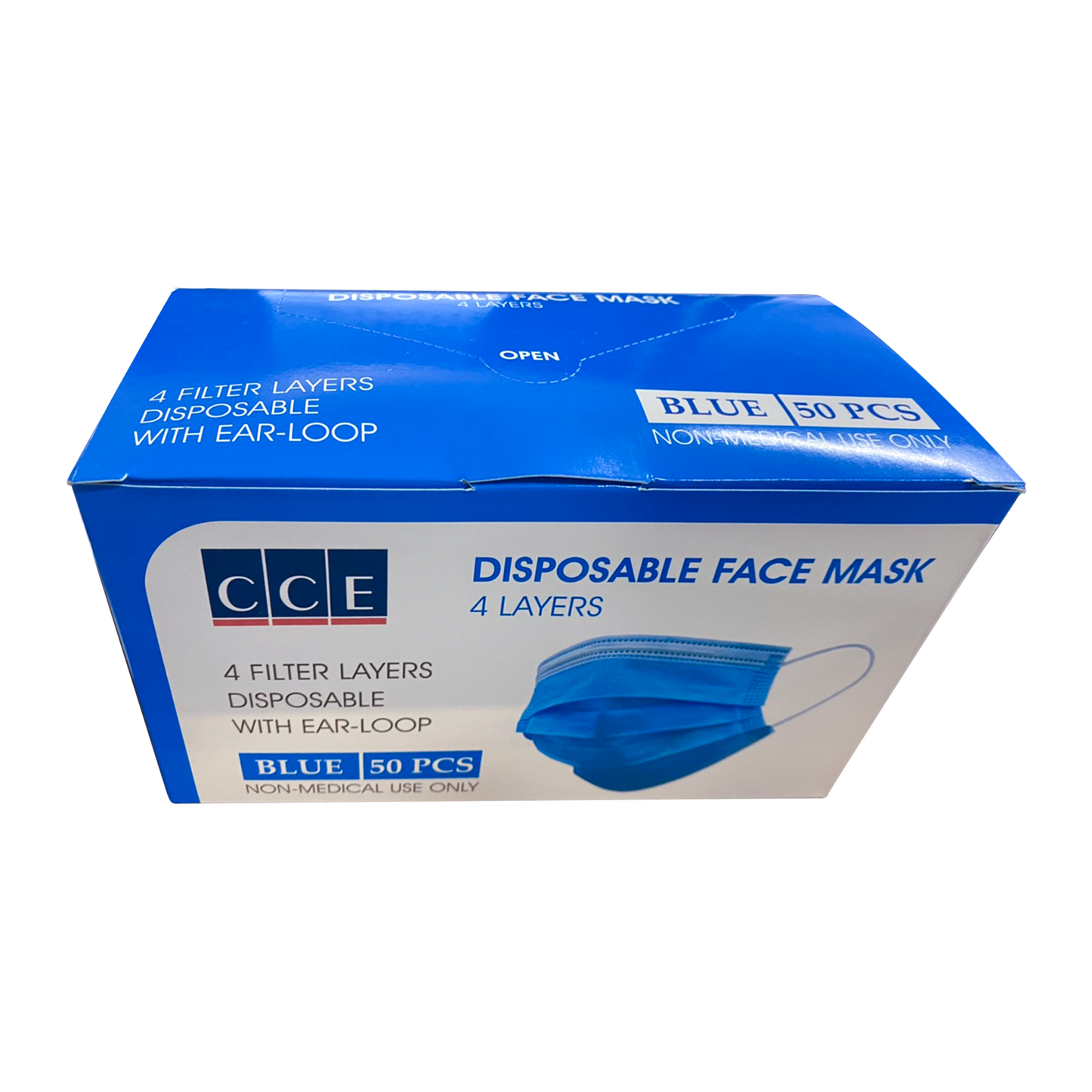 CCE 4 Ply Face Mask, Individual, Blue, 1pc/plastic bag, 50 bag/box (Packing: 50 boxes/case)