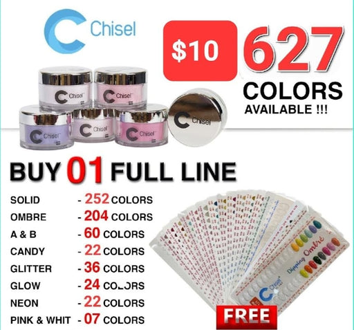 Chisel 2in1 Acrylic/Dipping Powder, Full Line Of 627 Colors, 2oz