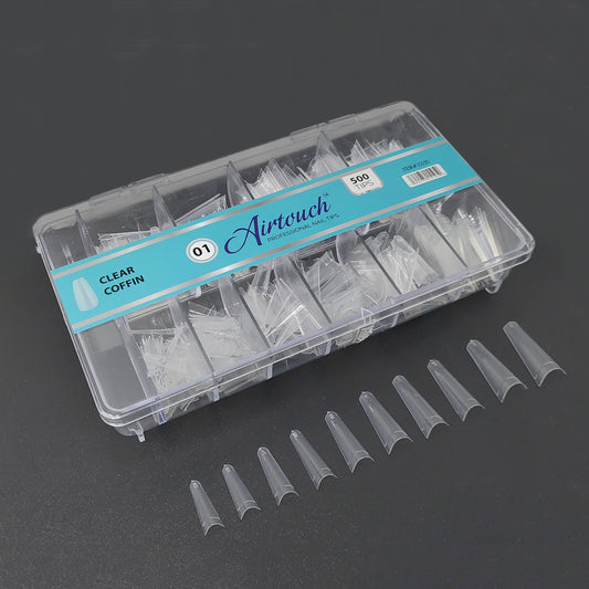 Airtouch Nail Tips Box, 01, CLEAR - COFFIN, 10 sizes (From #00 To #09), 500pcs/box, 15195 (Packing: 100 boxes/case) OK1114VD