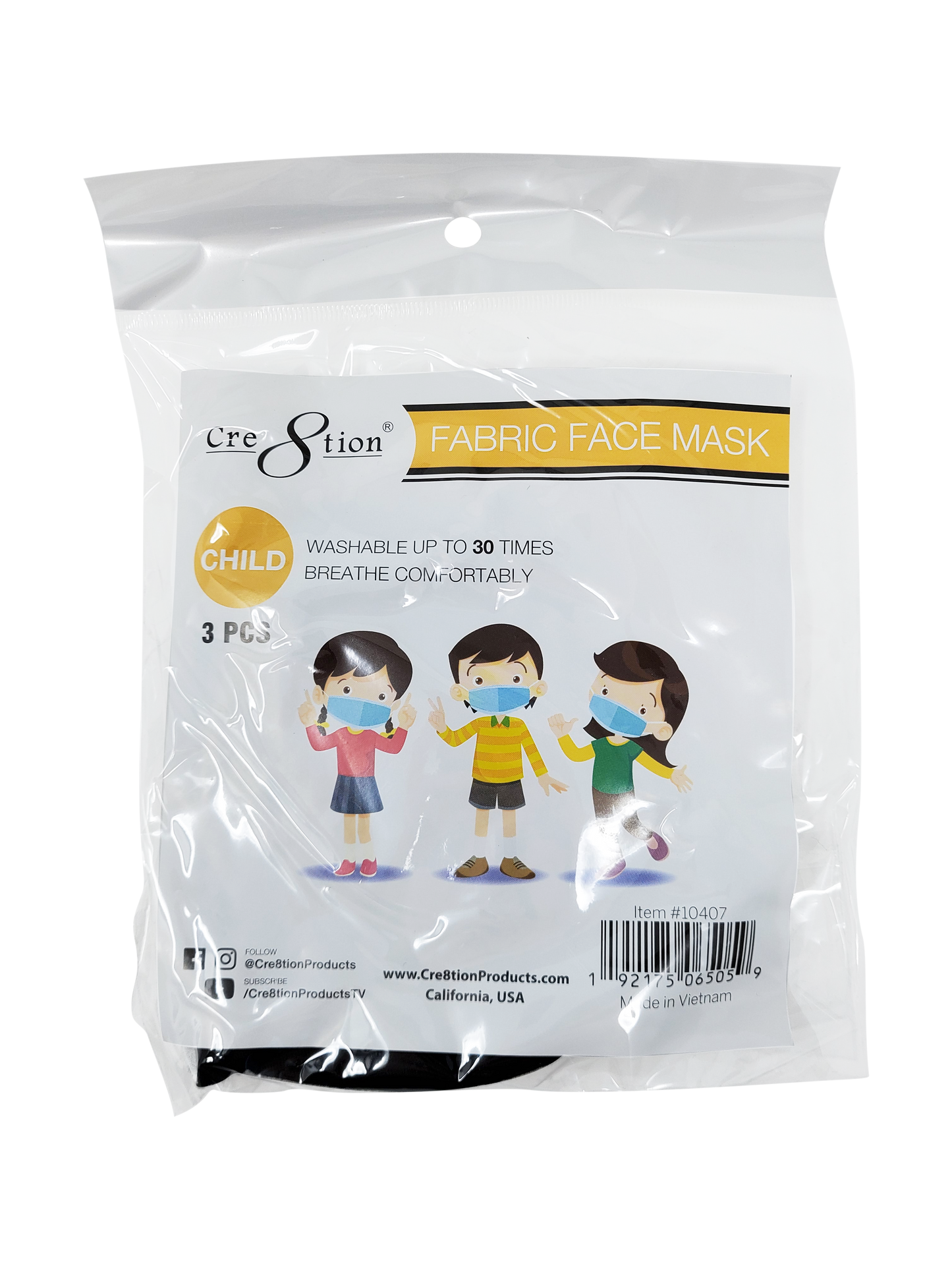 Cre8tion 2 layer Reusable Fabric Face Mask - For Child, MIX COLORS, 3pcs/pack OK0804VD