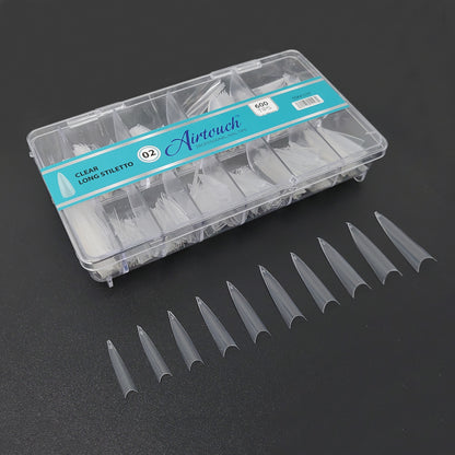 Airtouch Nail Tips Box, 02, CLEAR - LONG STILETTO, 10 sizes (From #00 To #09), 600pcs/box, 15197 (Packing: 100 boxes/case) OK1114VD