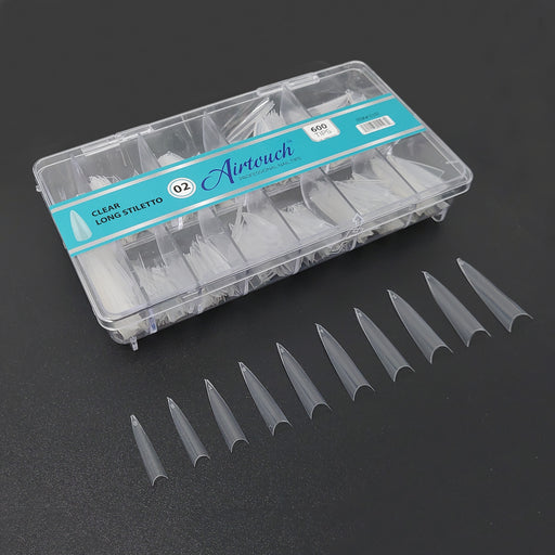 Airtouch Nail Tips Box, 02, CLEAR - LONG STILETTO, 10 sizes (From #00 To #09), 600pcs/box, 15197 (Packing: 100 boxes/case) OK1114VD